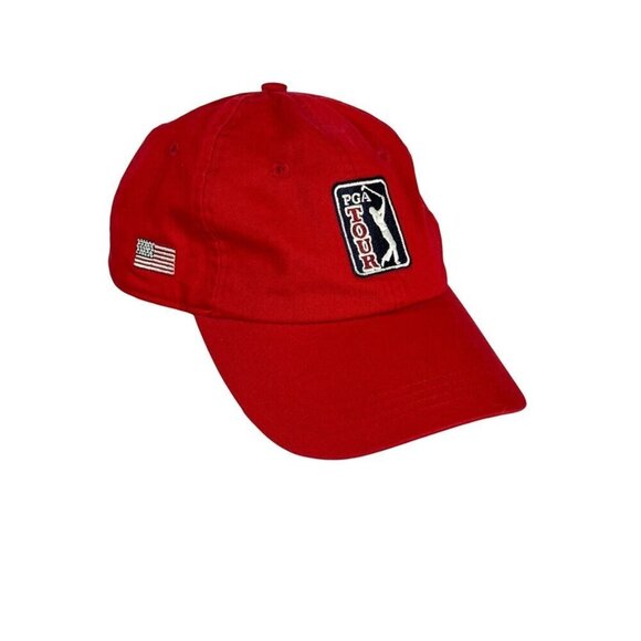 PGA Tour AHEAD Strap Back Ball Cap Adult Unisex Red Logo American Flag EUC - Picture 1 of 12